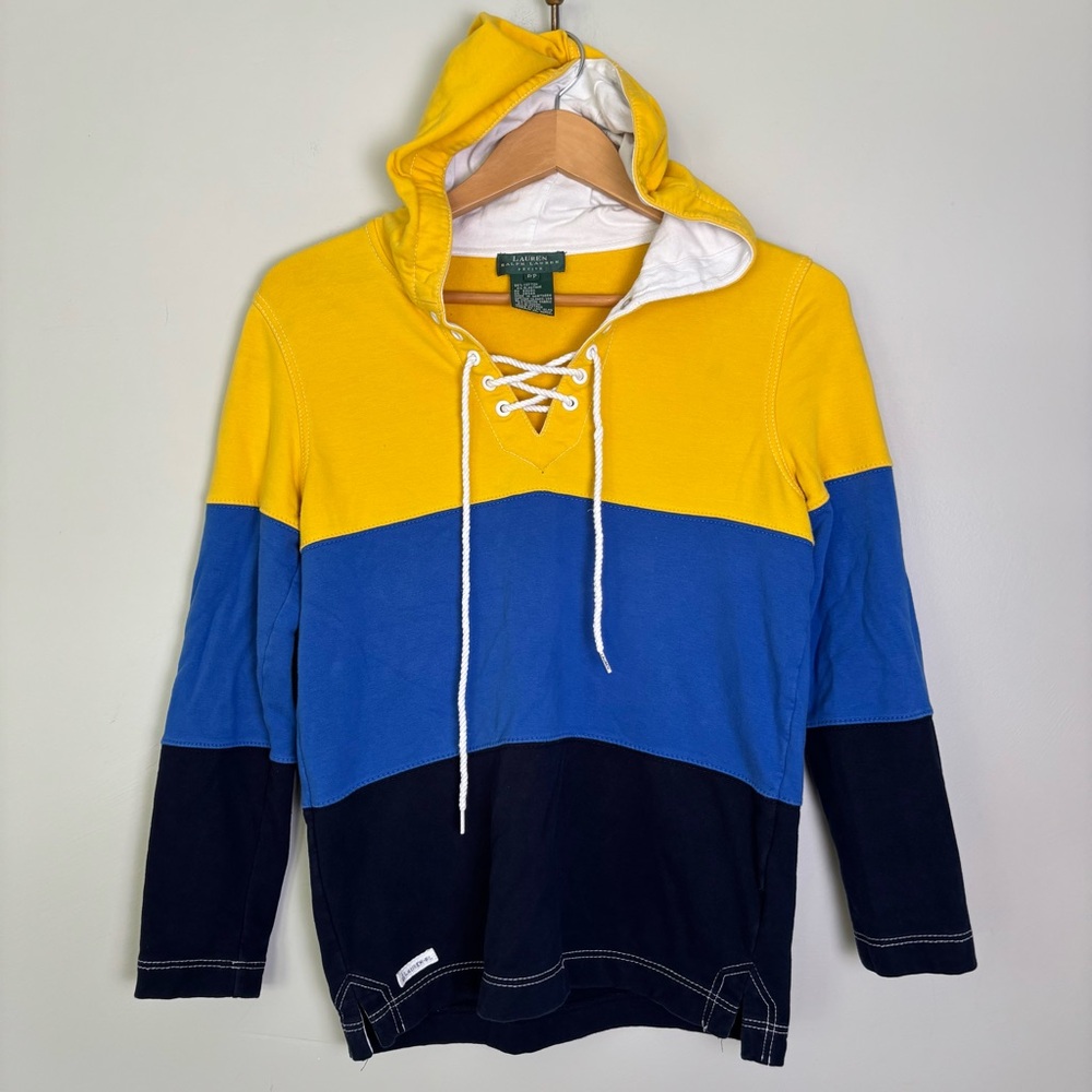 VTG Lauren Ralph Lauren Blue/Yellow Colorblock Hoodie Sweatshirt-PP-Petite XS